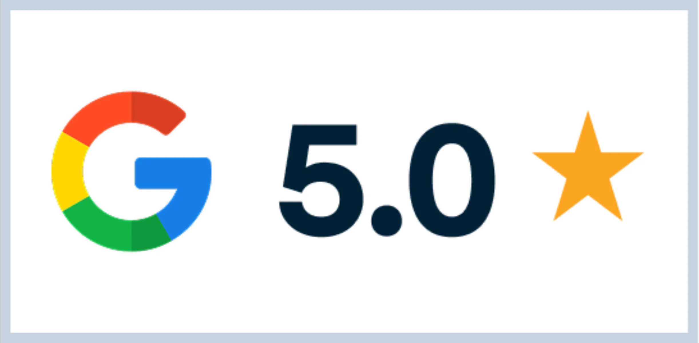 Grafika z logo Google, oceną 5.0 i złotą gwiazdką symbolizującą najwyższą opinię klientów