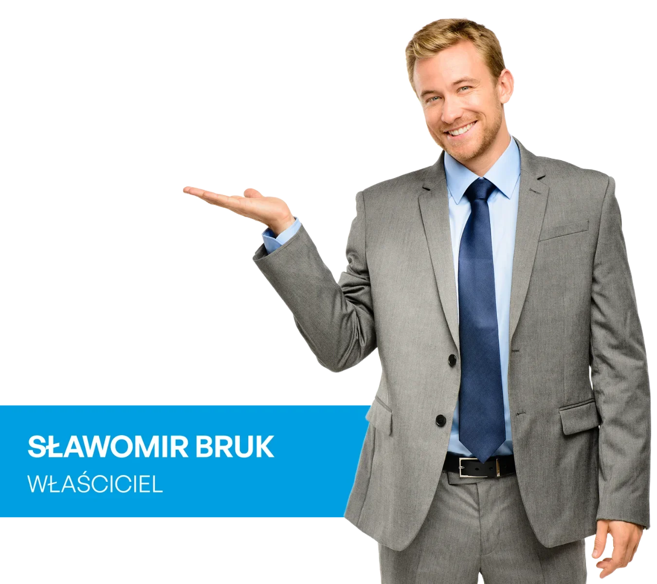 Mężczyzna w eleganckim garniturze uśmiecha się i prezentuje ofertę gestem otwartej dłoni