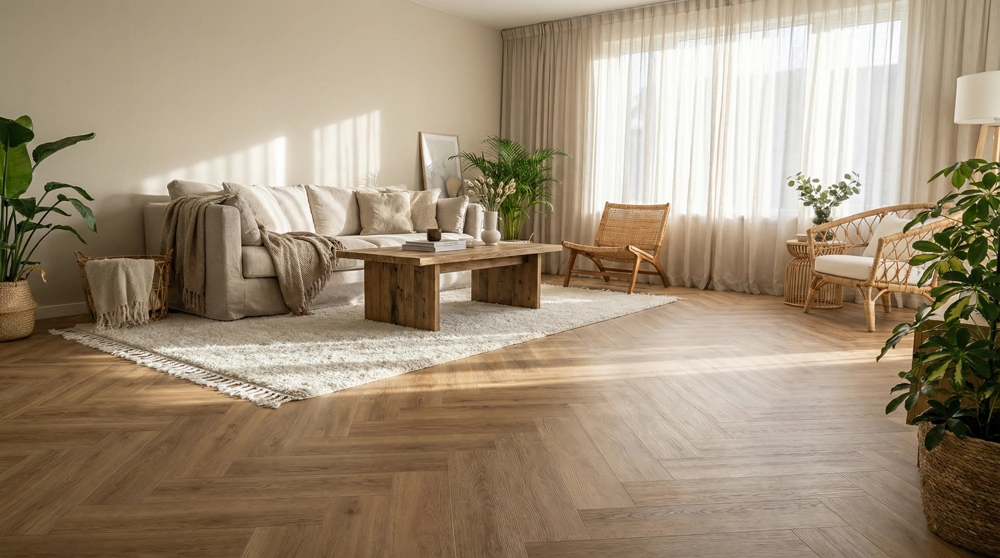 Salon z jasną dębową podłogą ułożoną w jodełkę, stylowy stolik kawowy, sofa i rośliny – układanie paneli