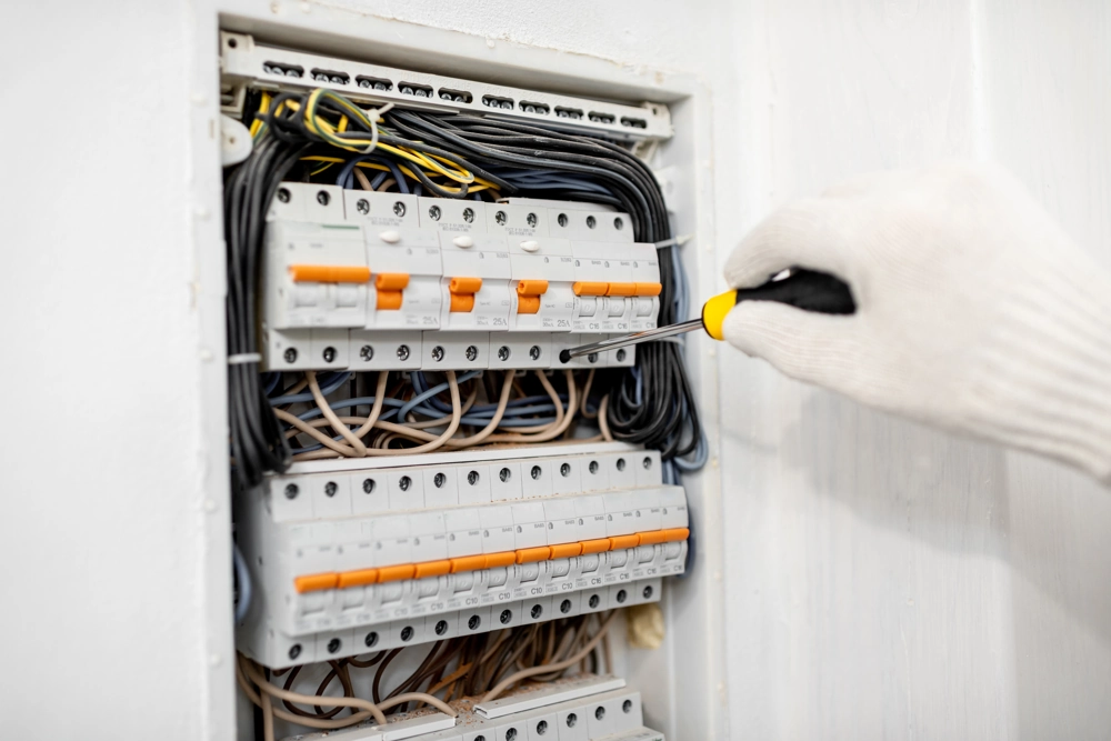 Ręka z wkrętakiem przy układzie przewodów w rozdzielnicy modułowej – Instalacje elektryczne